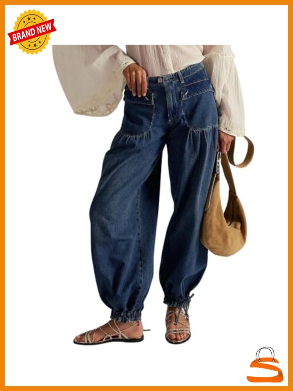Women's Baggy Lotus Jeans Y2K Barrel Leg Drawstring Bottom Wide Leg Pleated
